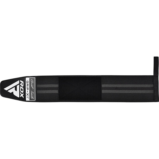 RDX Grip-X1 Handgelenkbandage in Schwarz-Grau, flach ausgelegt.