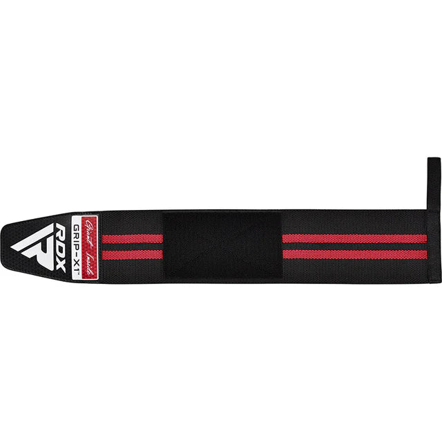RDX Grip-X1 Handgelenkbandage in Schwarz-Rot, flach ausgelegt.