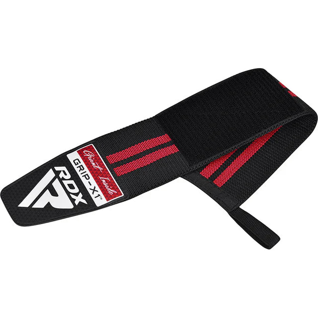 RDX Grip-X1 Handgelenkbandage in Schwarz-Rot mit sichtbarer Daumenschlaufe.