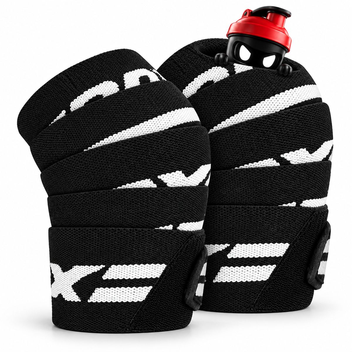 RDX KNEE WRAP BLACK, Zwei aufgerollte schwarze Kniebandagen mit weißen Streifen und Shaker-Maskottchen.