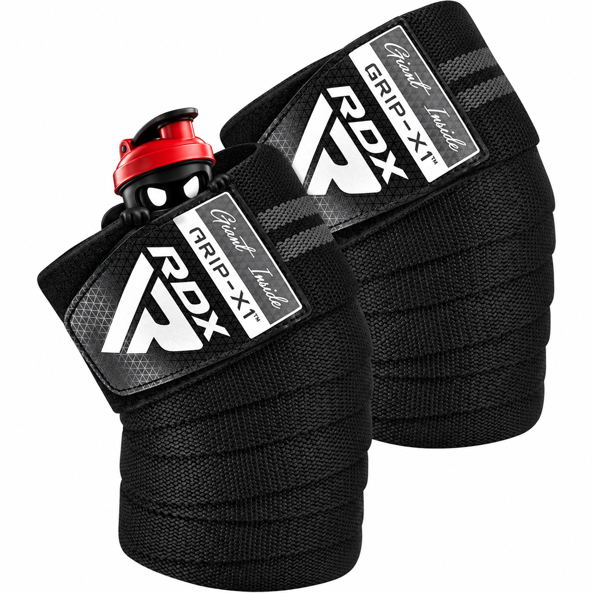 RDX KNEE WRAP R11, Zwei aufgerollte schwarze Kniebandagen mit grauen Streifen und Shaker-Maskottchen.