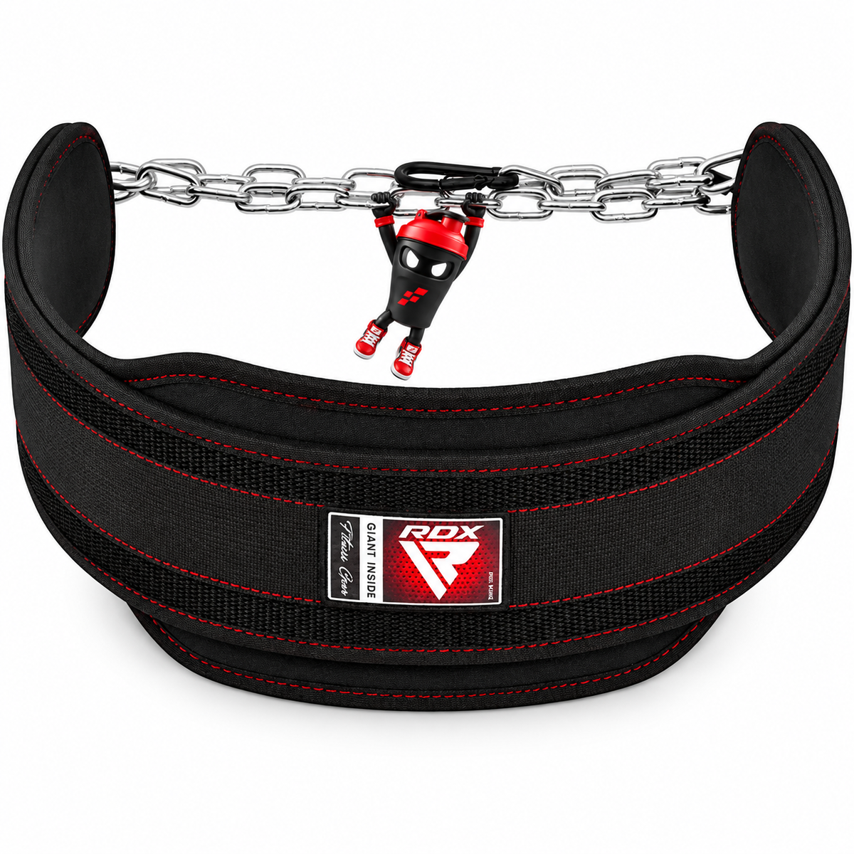 Schwarzer RDX Dipping Belt mit roten Nähten, Metallkette und Shaker-Maskottchen.