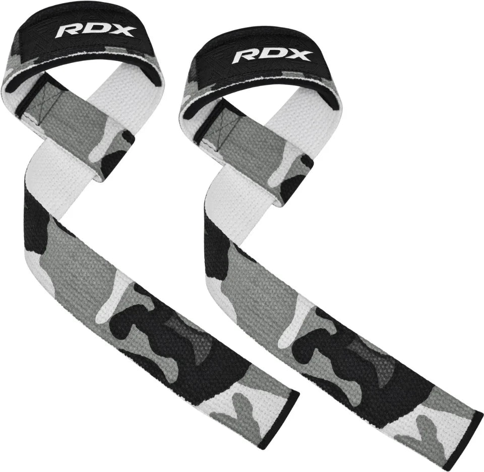 Paar RDX Zughilfen mit grau-schwarzem Camouflage-Muster.
