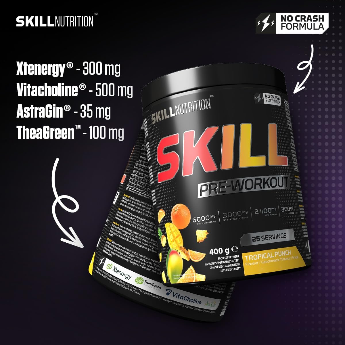 Skill Nutrition Pre-Workout 400g, Infografik mit Tropical-Punch-Dose und Angaben zu beworbenen Inhaltsstoffen.