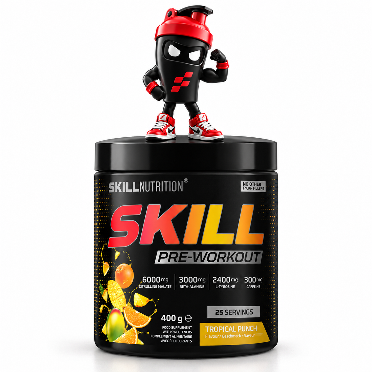 Skill Nutrition Pre-Workout 400g, Schwarze Tropical-Punch-Dose mit Shaker-Maskottchen auf dem Deckel.