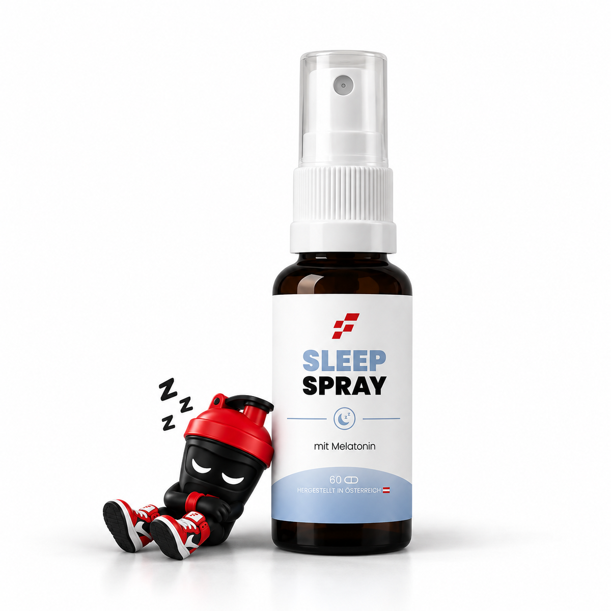 Sleep Spray, Braune Sprayflasche mit weißem Sprühkopf und schlafendem Shaker-Maskottchen.