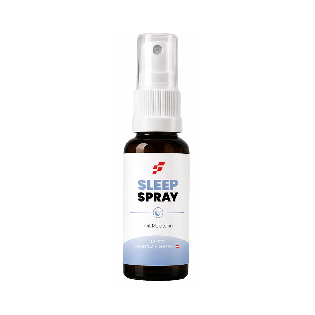Sleep Spray, Braune Sprayflasche mit weißem Sprühkopf, Vorderansicht.