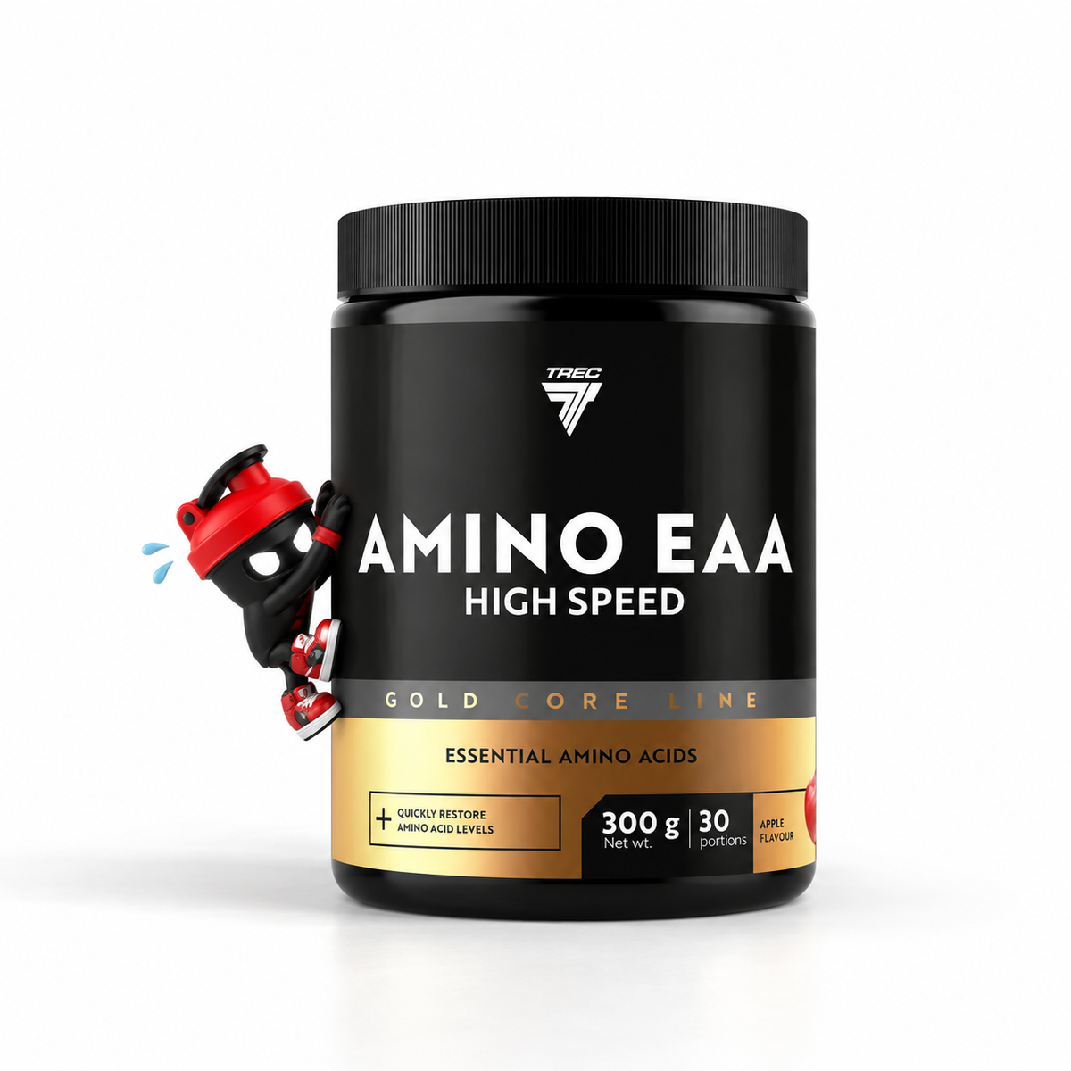 TREC Nutrition Gold Core AMINO EAA 300g, Schwarz-goldene Dose Apple mit Shaker-Maskottchen.