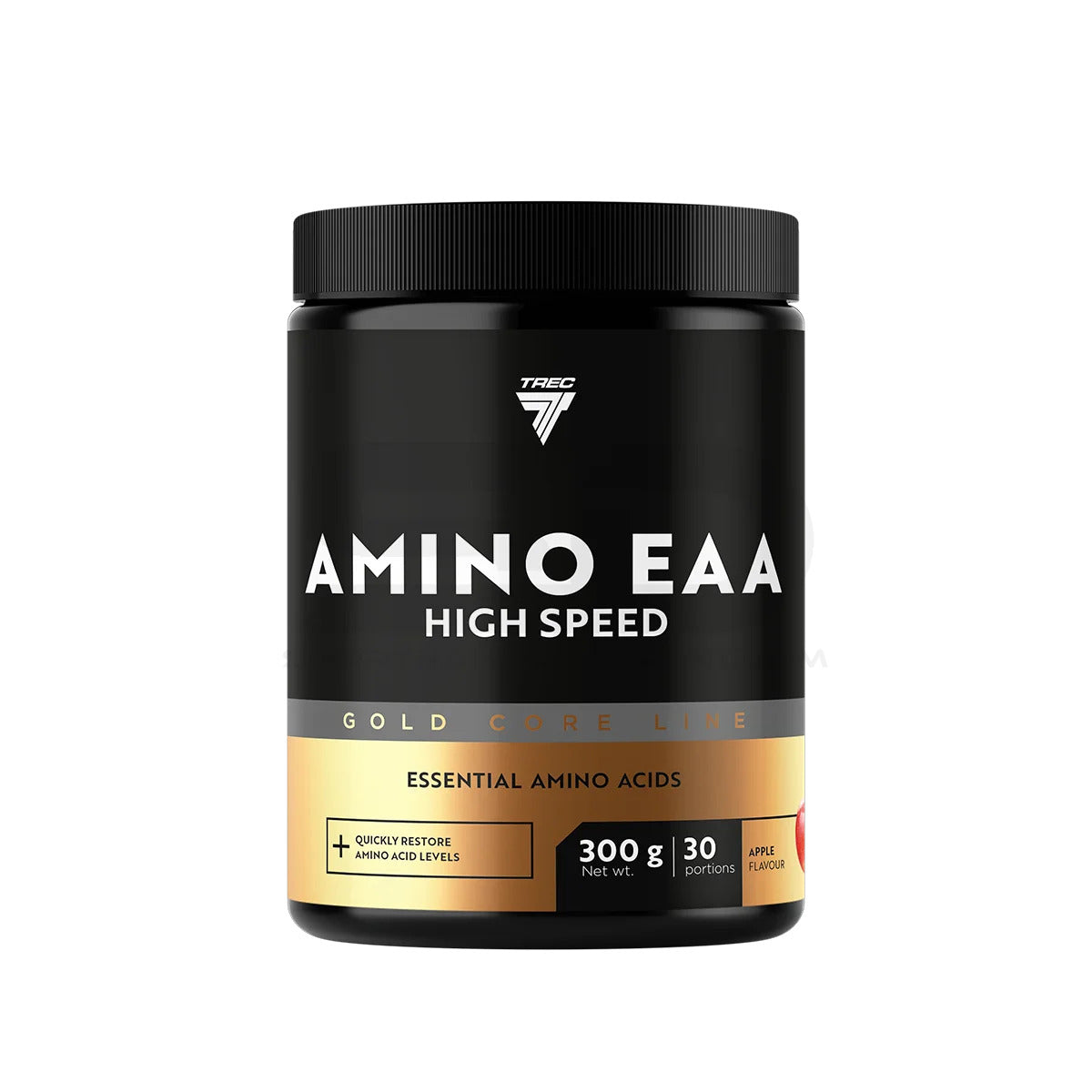 TREC Nutrition Gold Core AMINO EAA 300g, Schwarz-goldene Dose Apple, Vorderansicht.