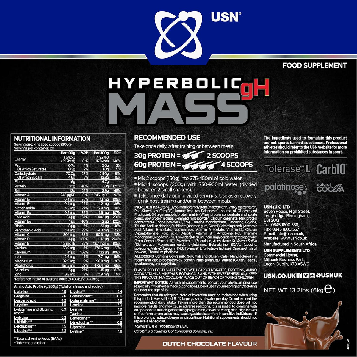 USN Hyperbolic Mass 6000g, Rückseitenetikett Dutch Chocolate mit Nährwerten, Aminosäurenprofil, Zutaten und Zubereitungshinweisen.