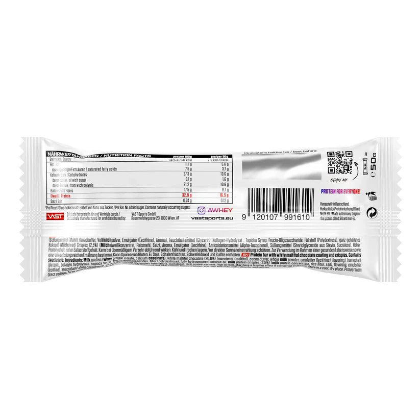 Vast Awhey Bar 50g Original White Crisp, Verpackungsrückseite mit Nährwerttabelle, Zutatenliste und Barcode.