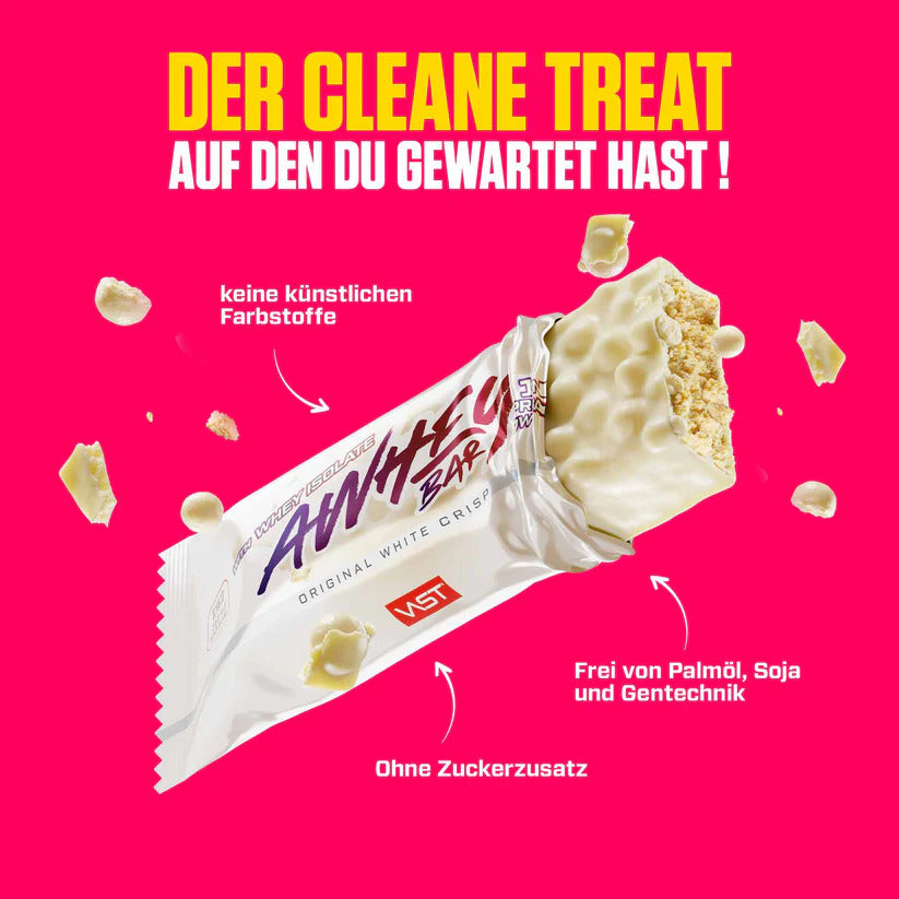 Vast Awhey Bar 50g Original White Crisp, Pinkfarbene Infografik mit angebrochenem Riegel und Aussagen zu Zutaten.