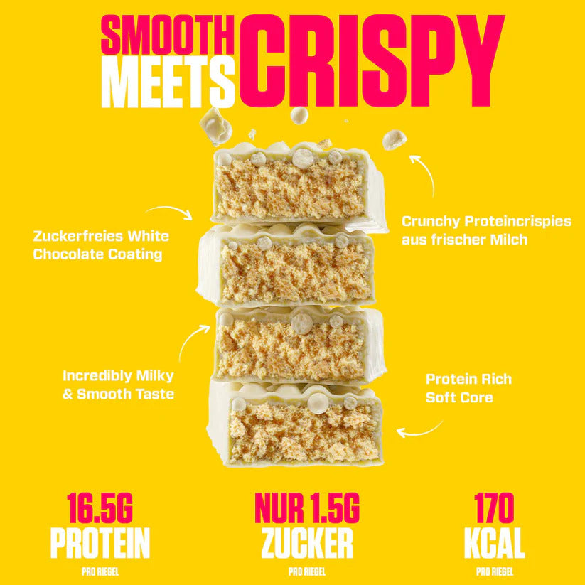 Vast Awhey Bar 50g Original White Crisp, Gelbe Infografik mit vier Riegelstücken im Querschnitt und Nährwertangaben.