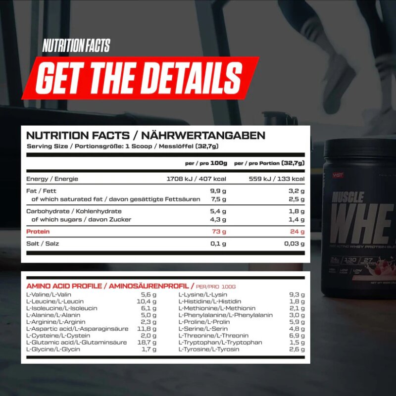 Vast Muscle Whey Protein 2kg, Nährwerttabelle und Aminosäurenprofil.
