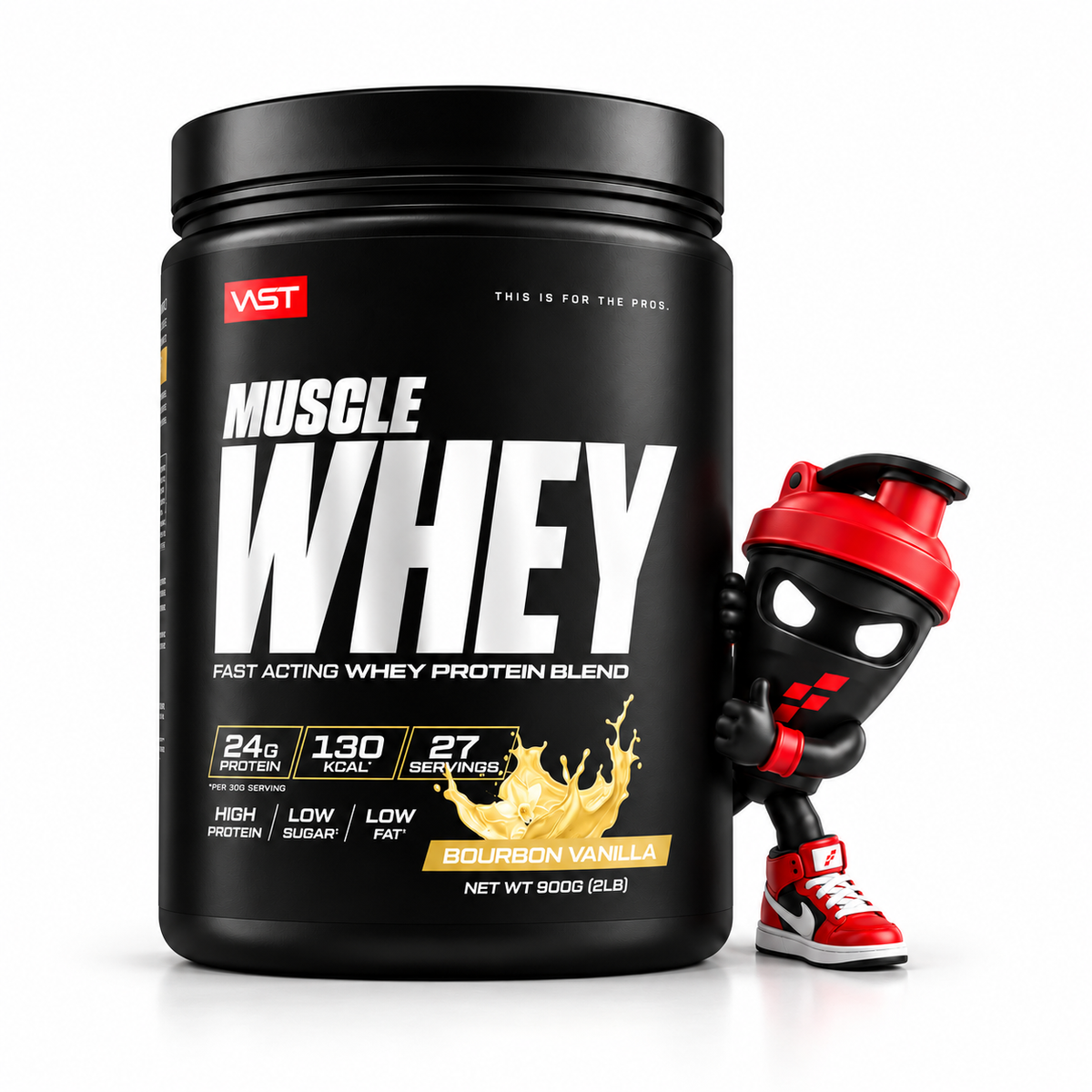 Vast Muscle Whey Protein 900g, Schwarze Bourbon-Vanilla-Dose mit Shaker-Maskottchen.