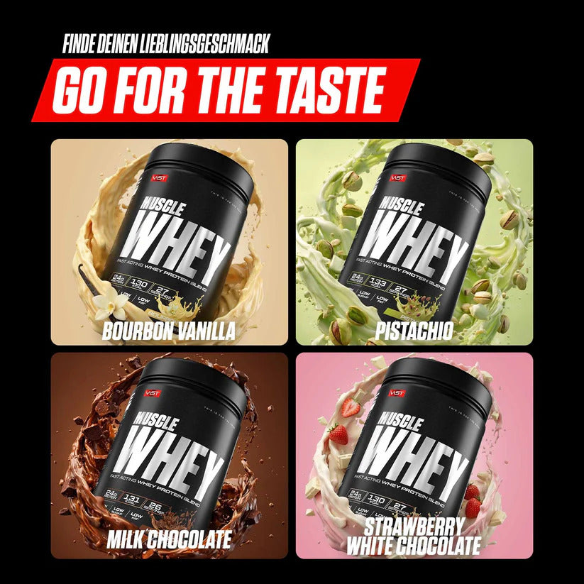 Vast Muscle Whey Protein 900g, Geschmacksübersicht: Bourbon Vanilla, Pistachio, Milk Chocolate und Strawberry White Chocolate.