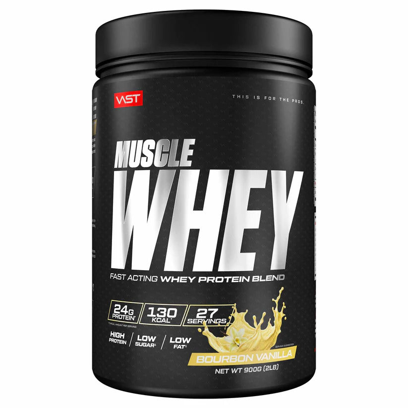 Vast Muscle Whey Protein 900g, Schwarze Dose Bourbon Vanilla, Vorderansicht.