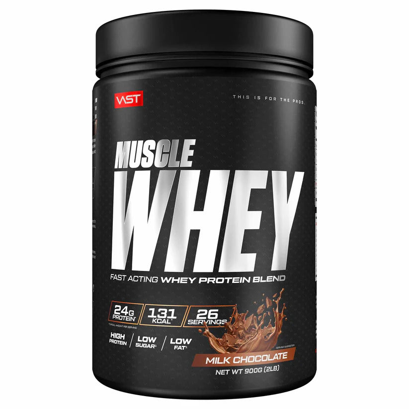 Vast Muscle Whey Protein 900g, Schwarze Dose Milk Chocolate, Vorderansicht.