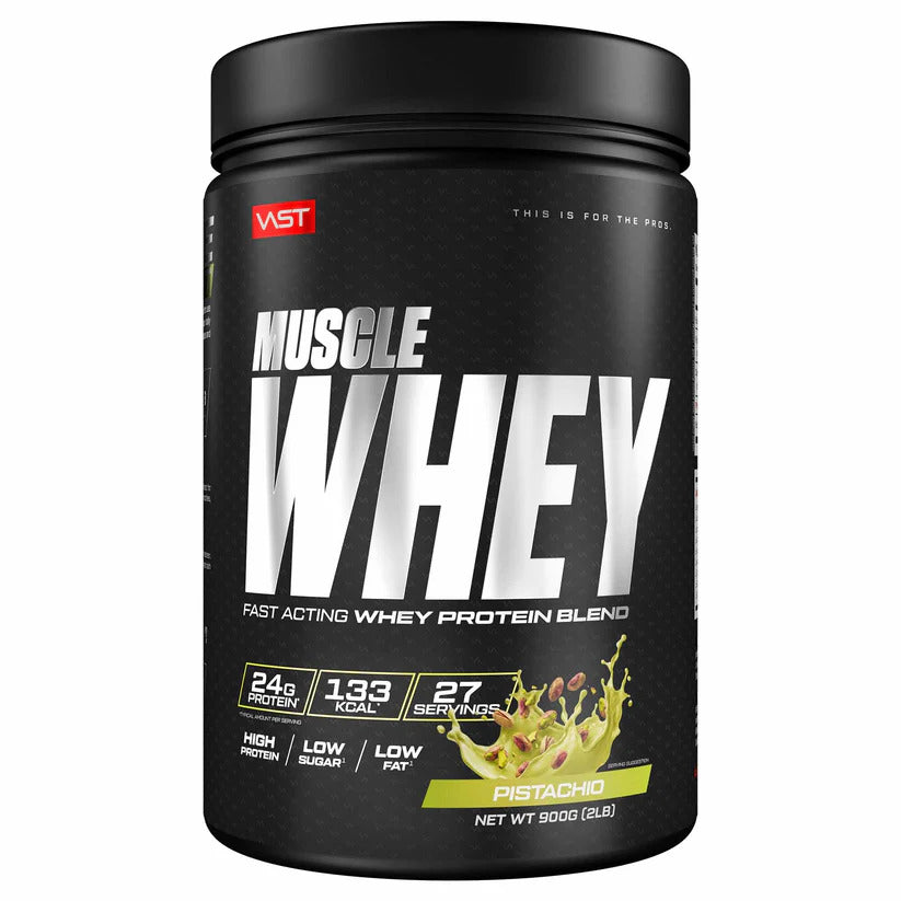 Vast Muscle Whey Protein 900g, Schwarze Dose Pistachio, Vorderansicht.