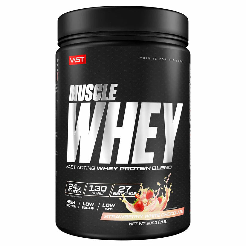 Vast Muscle Whey Protein 900g, Schwarze Dose Strawberry White Chocolate, Vorderansicht.