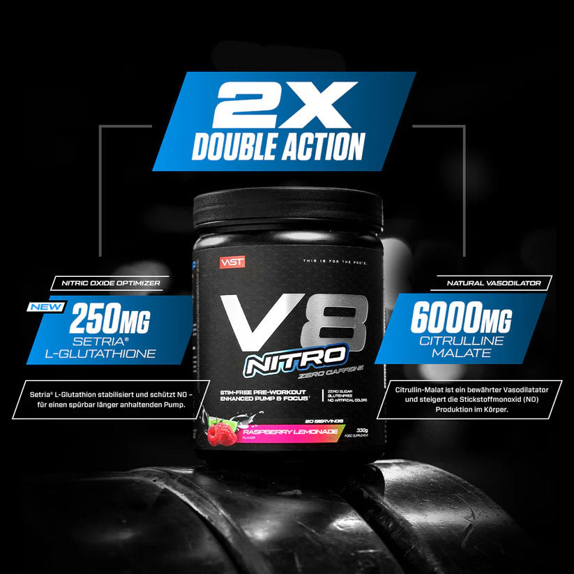 Vast Sports V8 Nitro Zero Caffeine, Infografik mit Raspberry-Lemonade-Dose und beworbenen Inhaltsstoffen.