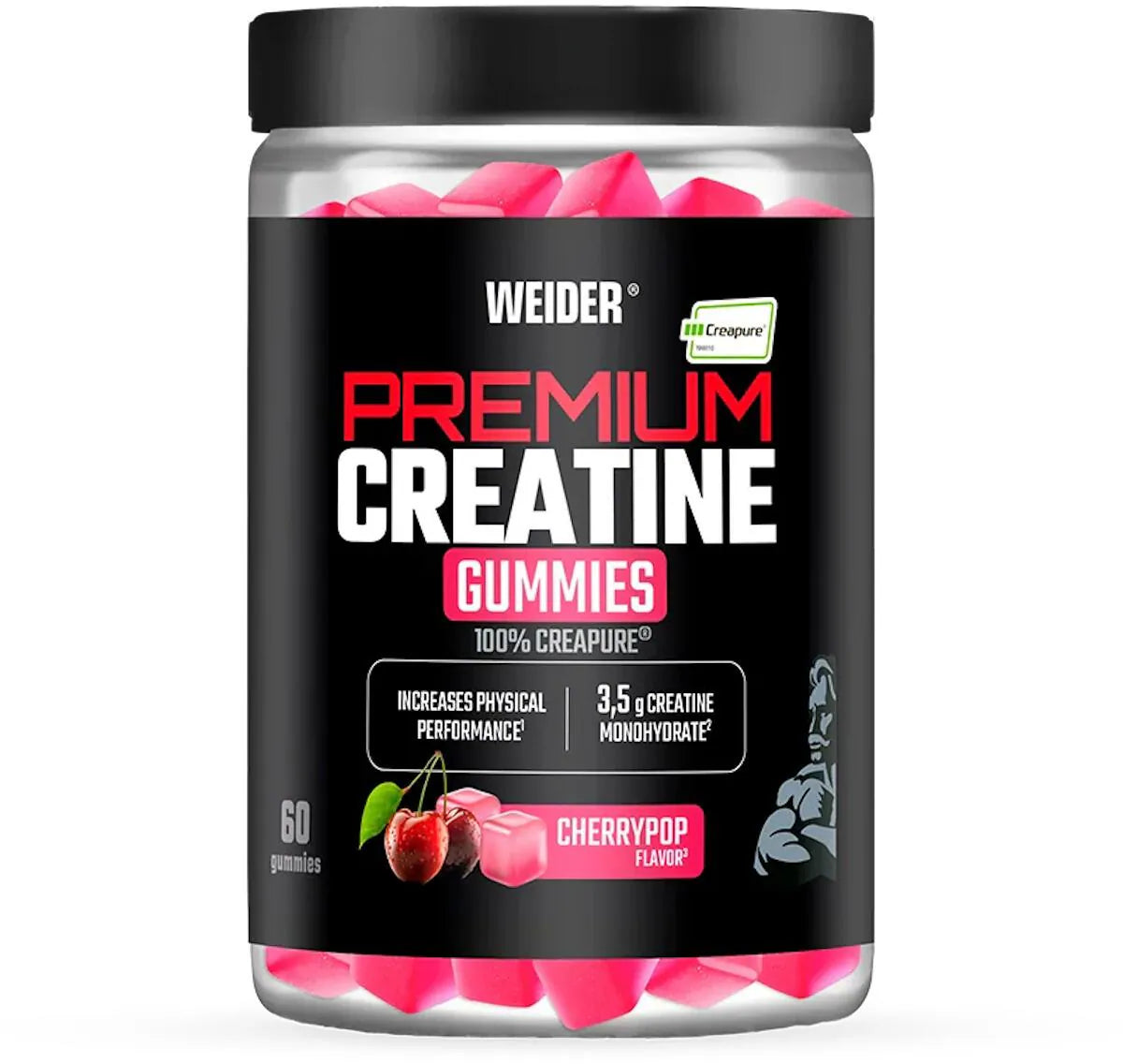 Weider Premium Creatine Gummies – Cherry Pop (60 Stück), Transparente Dose Cherry Pop mit pinken Gummies, Vorderansicht.