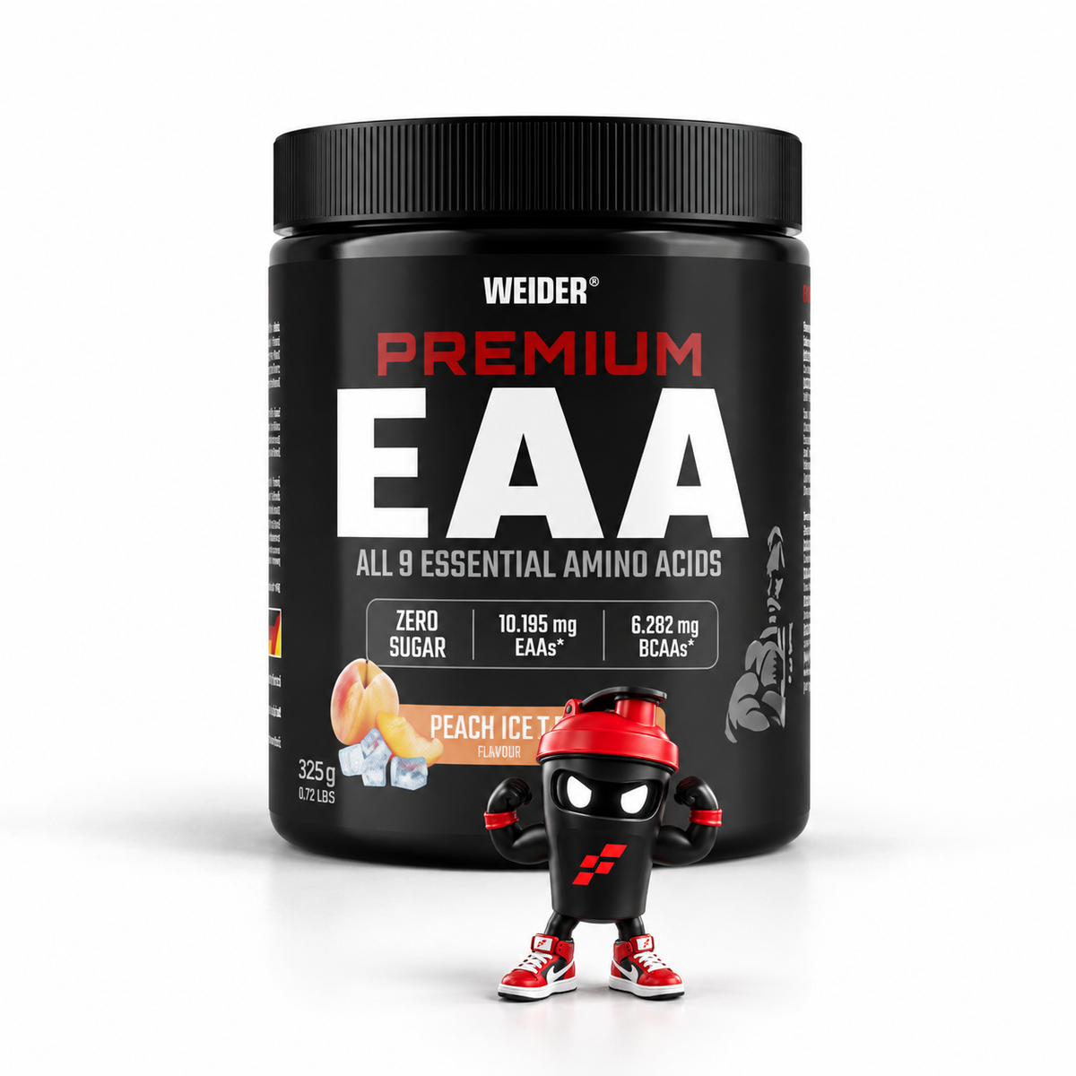Weider Premium EAA Zero 325g, Schwarze Dose Peach Ice Tea mit Shaker-Maskottchen.