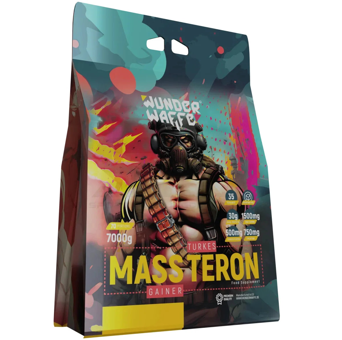 Wunderwaffe MASSTERON Mass Gainer - 7 kg, Bunter Gainer-Beutel mit gezeichnetem Krieger, Vorderansicht.