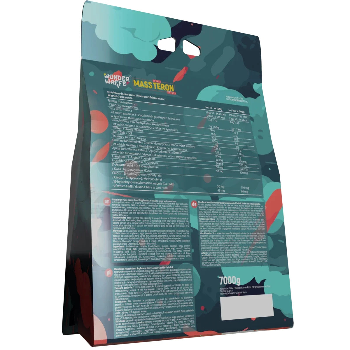 Wunderwaffe MASSTERON Mass Gainer - 7 kg, Rückseite des Gainer-Beutels mit Nährwerten und mehrsprachigen Produktinformationen.