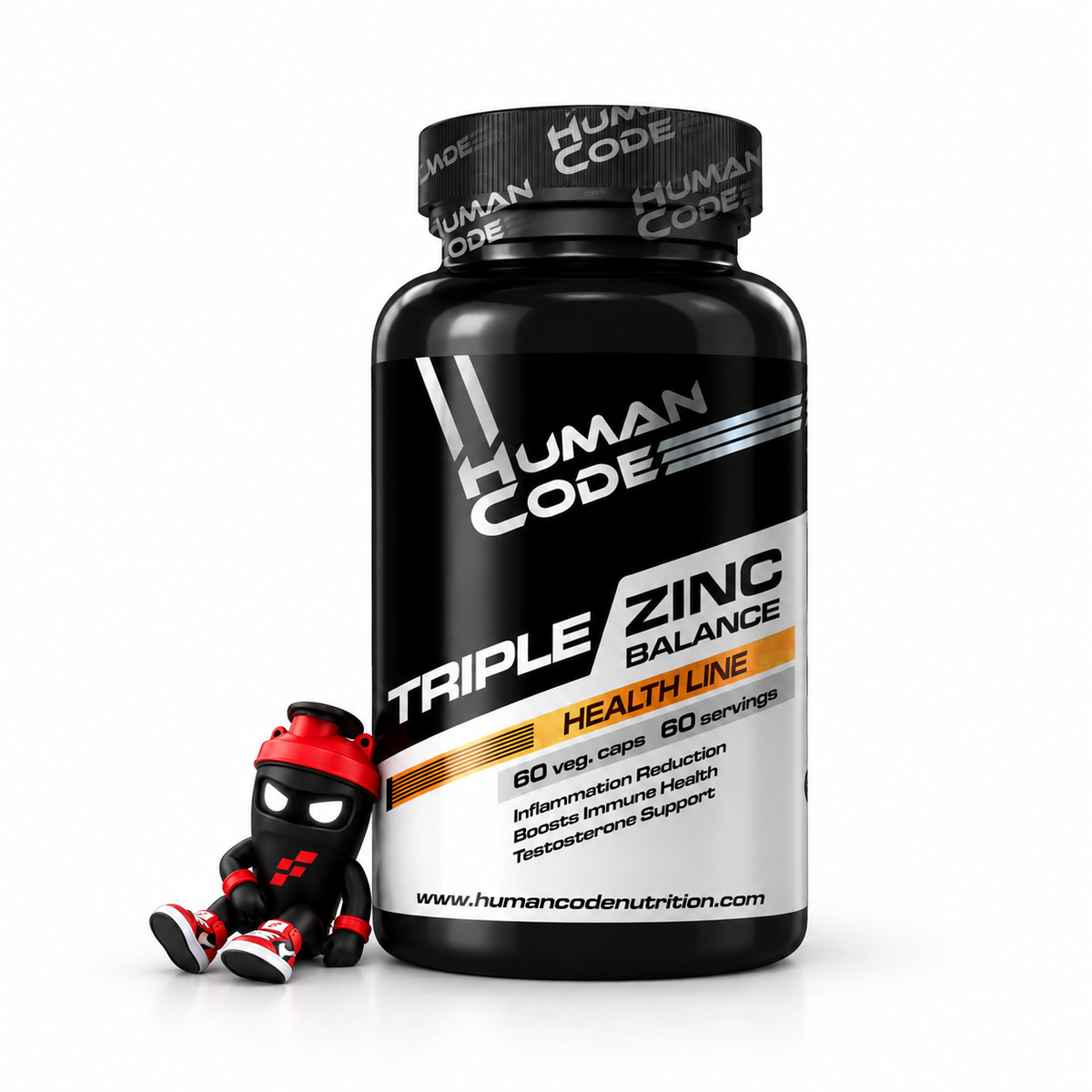 Human Code Triple Zinc Balance, Schwarze Kapseldose mit weiß-orangefarbenem Etikett und Shaker-Maskottchen.